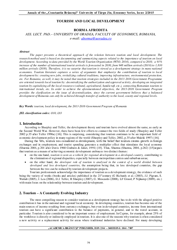 (PDF) Tourism And Local Development
