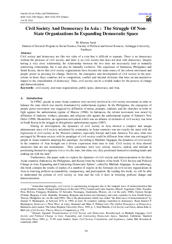 (PDF) Civil Society And Democracy In Asia : The Struggle Of Non-State ...