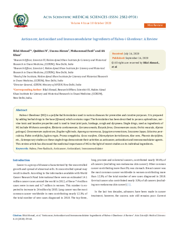 (PDF) Anticancer, Antioxidant and Immunomodulator Ingredients of Halwa