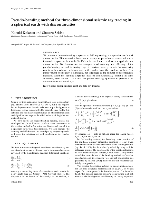 (PDF) Pseudo-bending method for three-dimensional seismic ray tracing ...