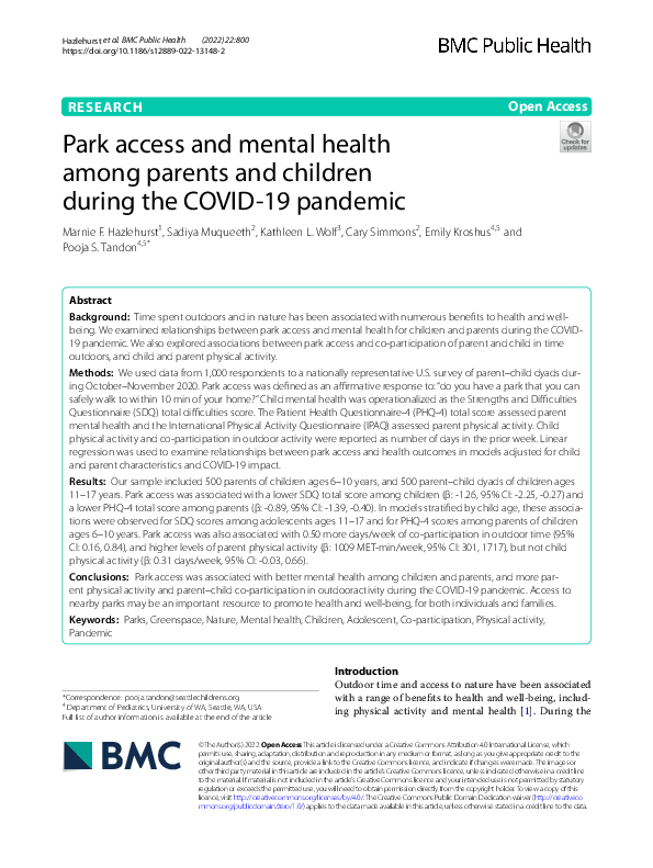 (PDF) Park access and mental health among parents and children during ...