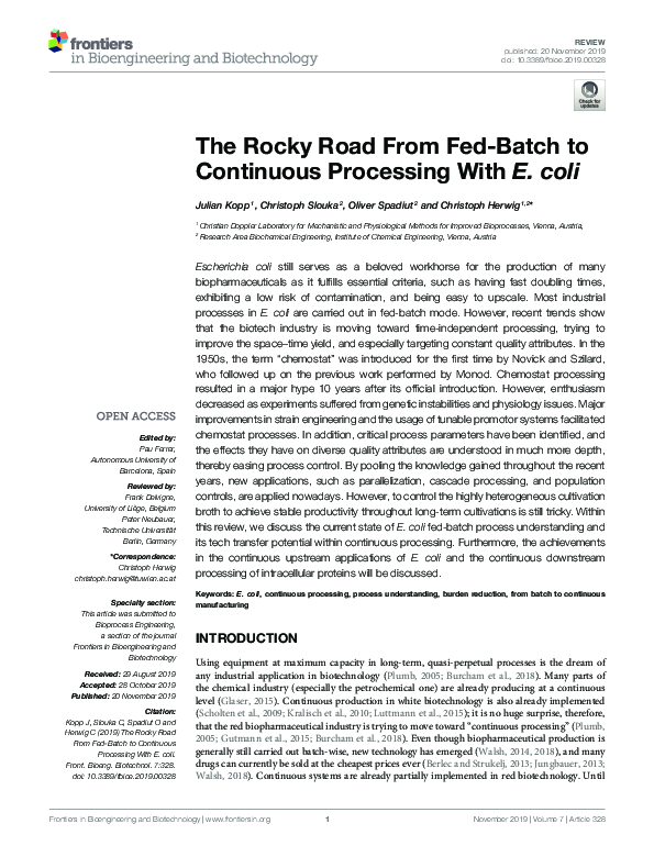 (PDF) The Rocky Road From Fed-Batch to Continuous Processing With E. coli