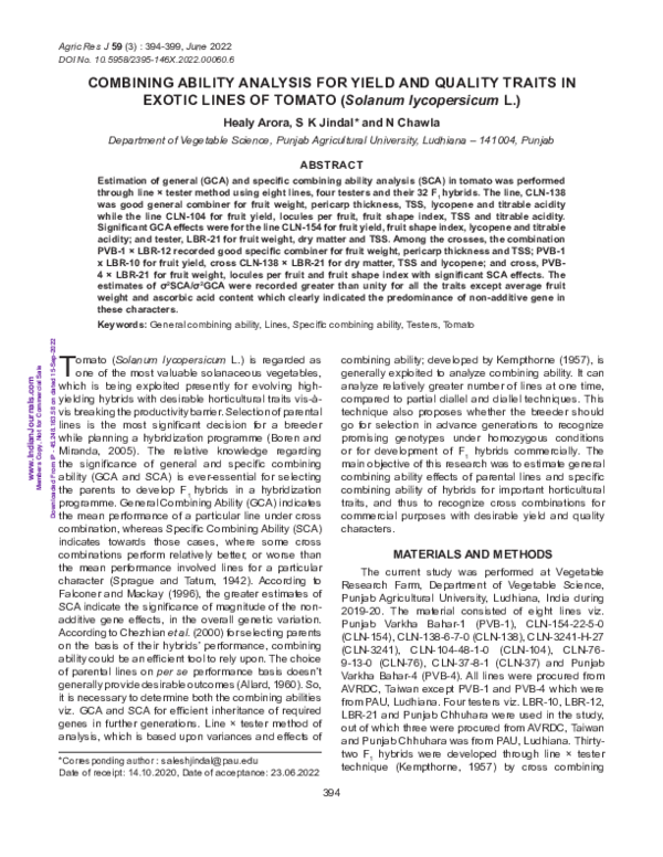 (PDF) Combining ability analysis for yield and quality traits in exotic ...