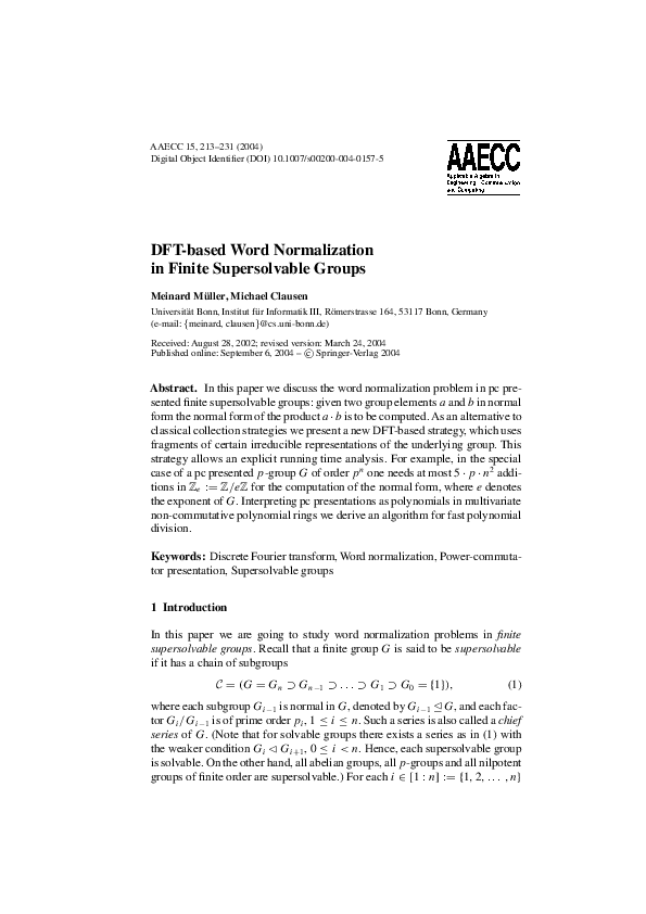 (PDF) DFT-based Word Normalization in Finite Supersolvable Groups
