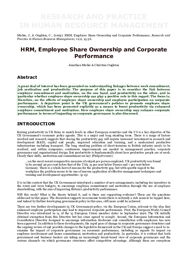 (PDF) HRM, employee share ownership and corporate performance