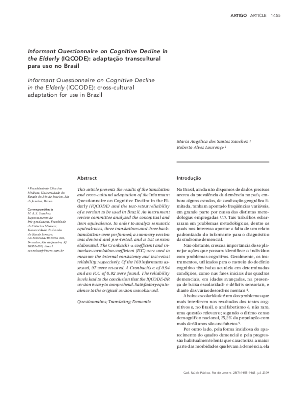 (PDF) Informant Questionnaire on Cognitive Decline in the Elderly ...