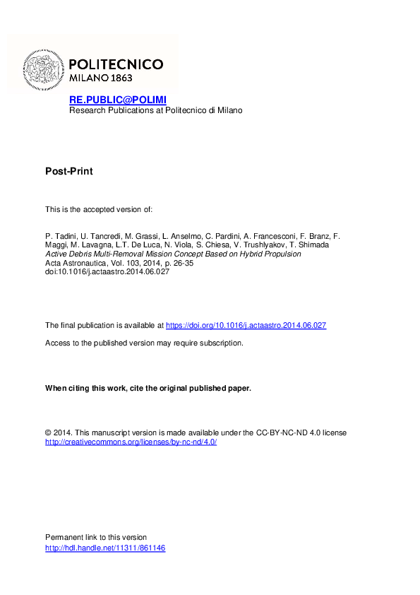 (PDF) Active debris multi-removal mission concept based on hybrid ...