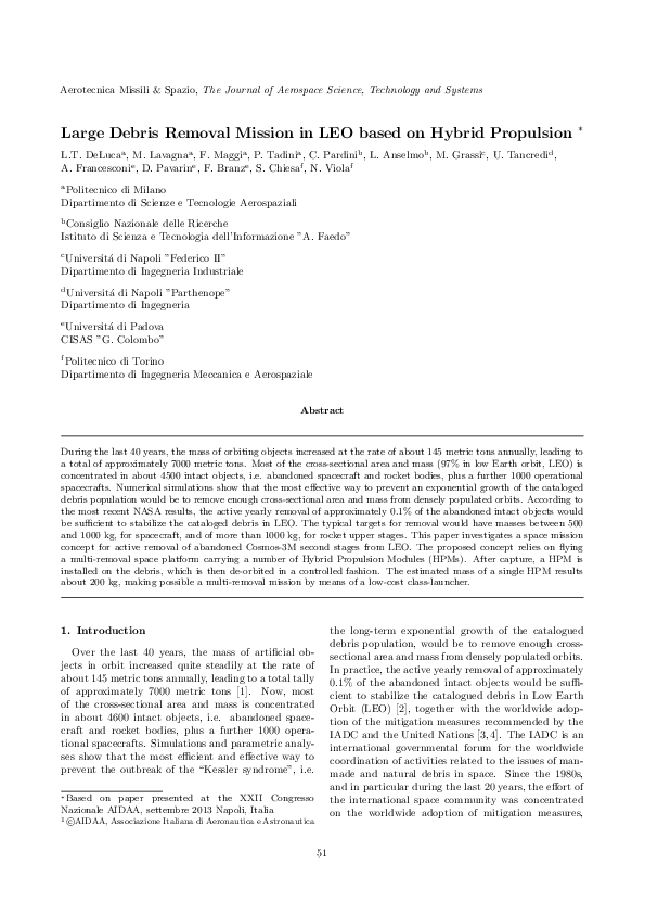 (PDF) Large Debris Removal Mission in LEO based on Hybrid Propulsion