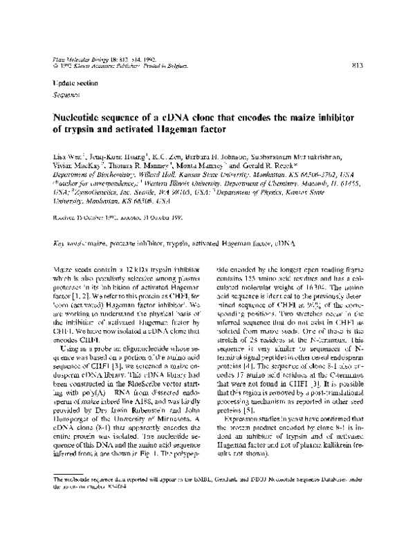 (PDF) Nucleotide sequence of a cDNA clone that encodes the maize ...