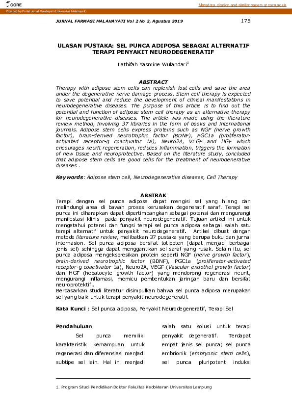 (PDF) Sel Punca Adiposa Sebagai Alternatif Terapi Penyakit Neurodegeneratif