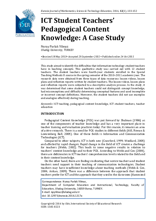 (PDF) ICT Student Teachers’ Pedagogical Content Knowledge: A Case Study