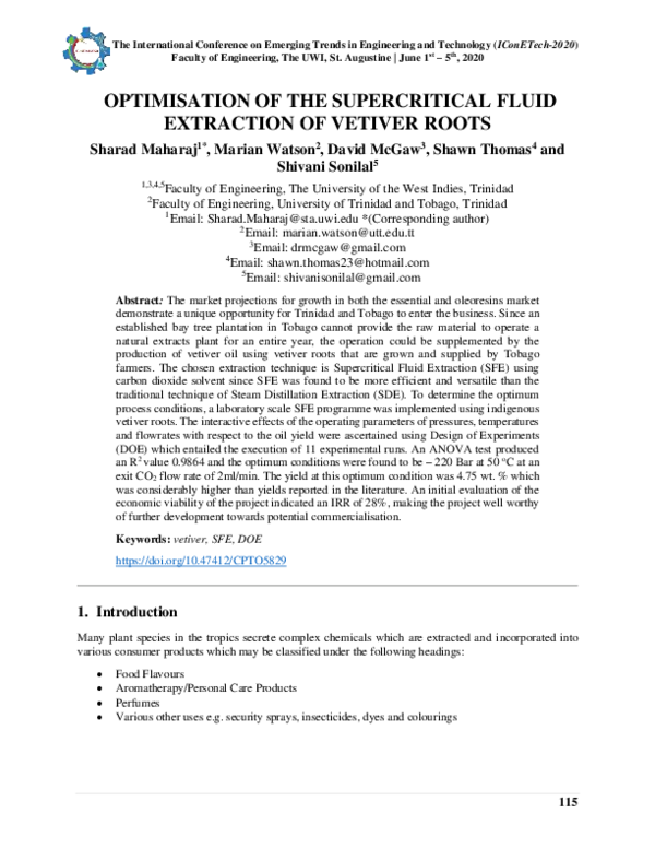 (PDF) Optimisation of the Supercritical Fluid Extraction of Vetiver Roots