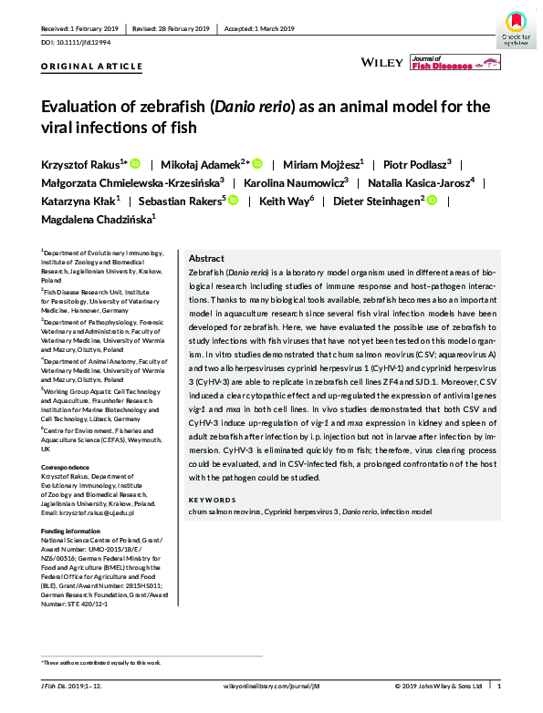 (PDF) Evaluation of zebrafish ( Danio rerio ) as an animal model for ...