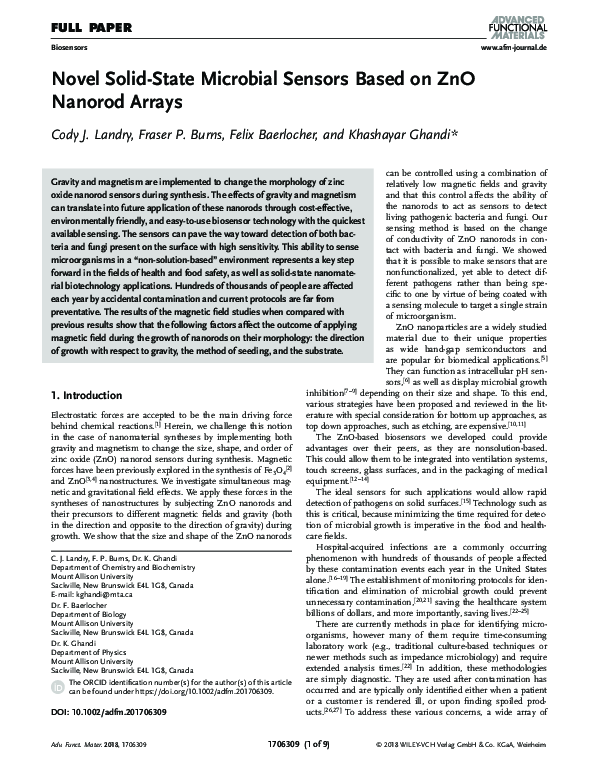 (PDF) Novel Solid‐State Microbial Sensors Based on ZnO Nanorod Arrays