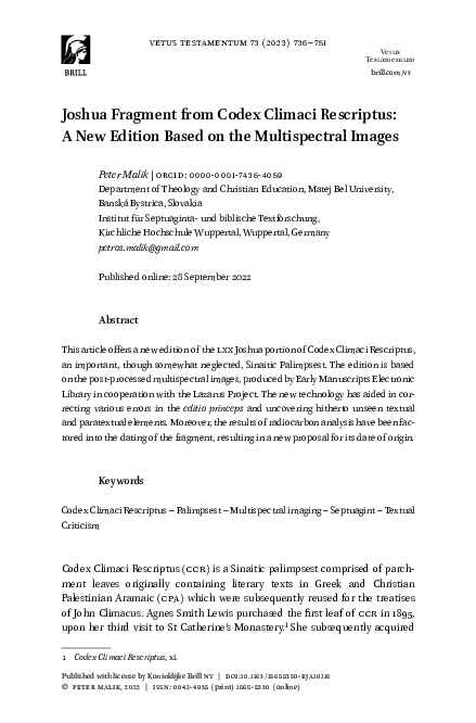 (PDF) Joshua Fragment from Codex Climaci Rescriptus: A New Edition ...