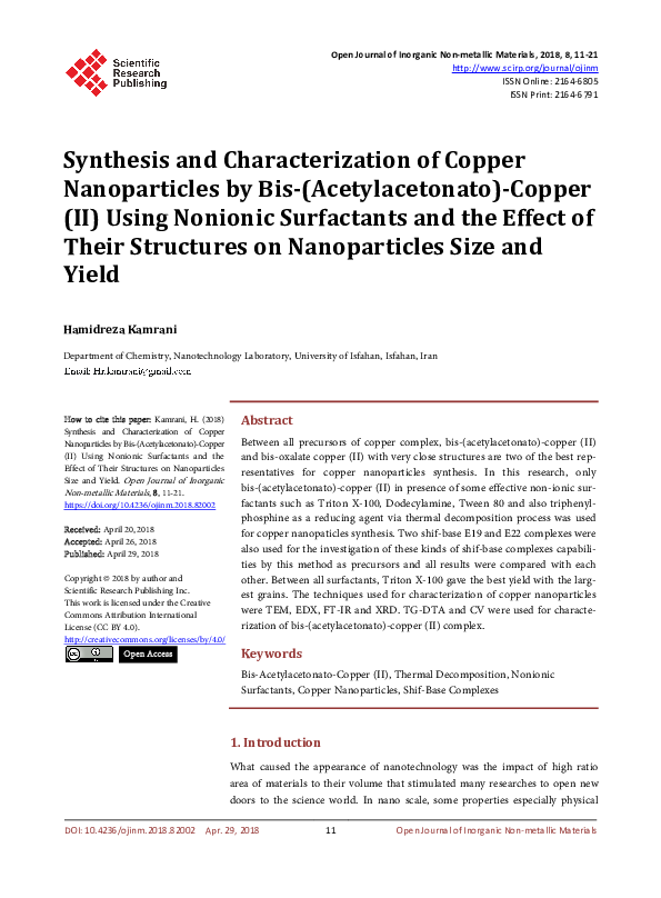 (PDF) Synthesis and Characterization of Copper Nanoparticles by Bis ...