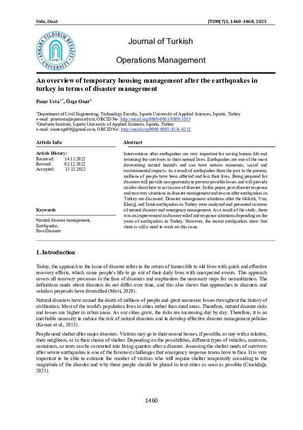 (PDF) An Overview of Temporary Housing Management after the Earthquakes in Turkey in terms of
