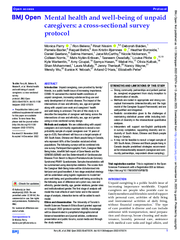 (PDF) Mental health and well-being of unpaid caregivers: a cross ...