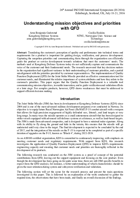(PDF) Understanding mission objectives and priorities with QFD