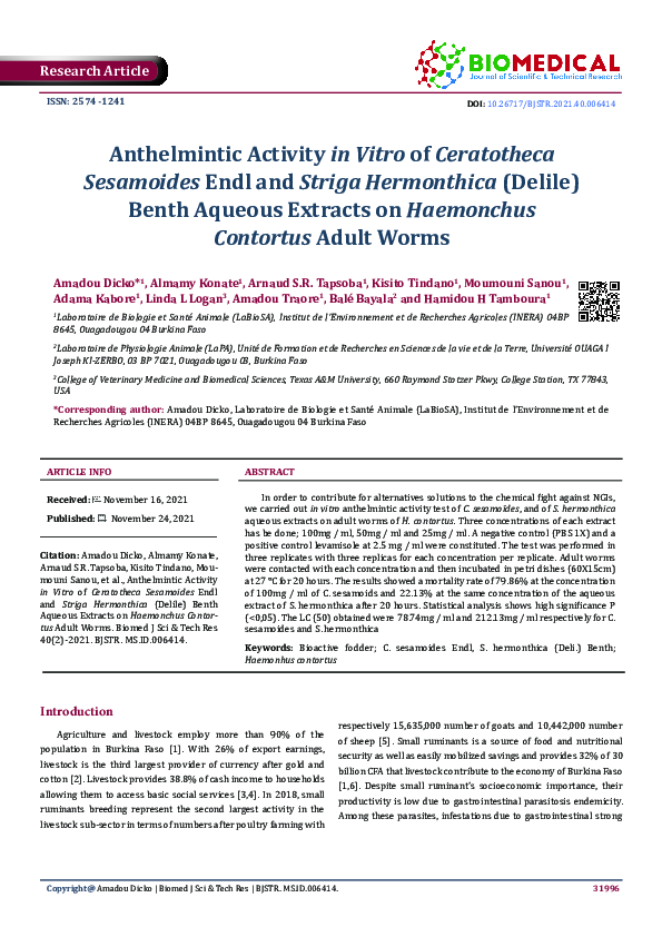 (PDF) Anthelmintic Activity in Vitro of Ceratotheca Sesamoides Endl and ...