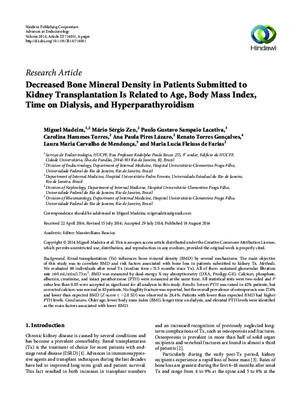 (PDF) Decreased Bone Mineral Density in Patients Submitted to Kidney ...