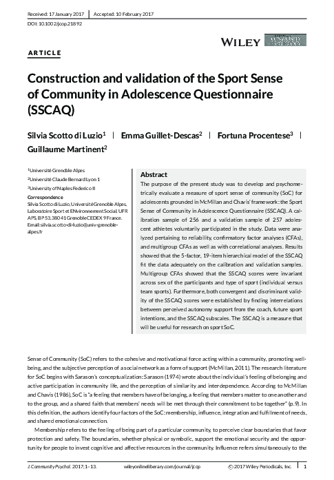 (PDF) Construction and validation of the Sport Sense of Community in ...