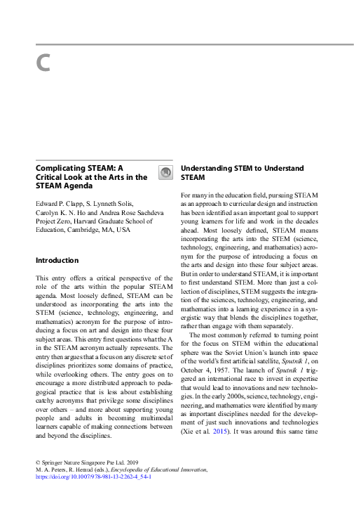 (PDF) Complicating STEAM: A Critical Look at the Arts in the STEAM Agenda