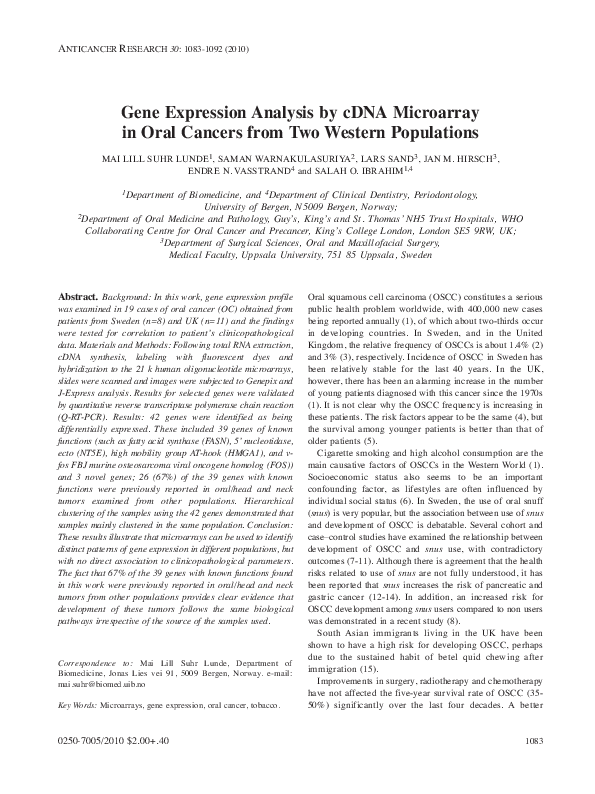 (PDF) Gene expression analysis by cDNA microarray in oral cancers from ...
