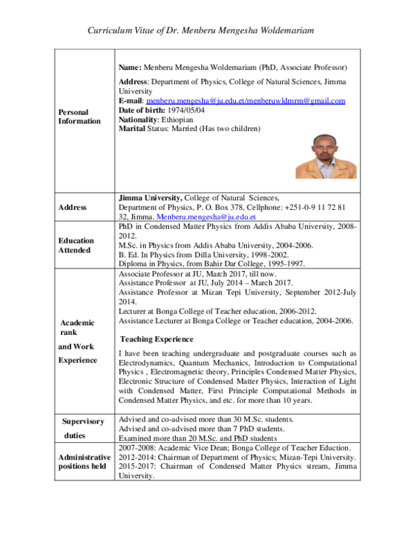 PDF) Curriculum vitae Chairman of Department of Physics, Teaching 