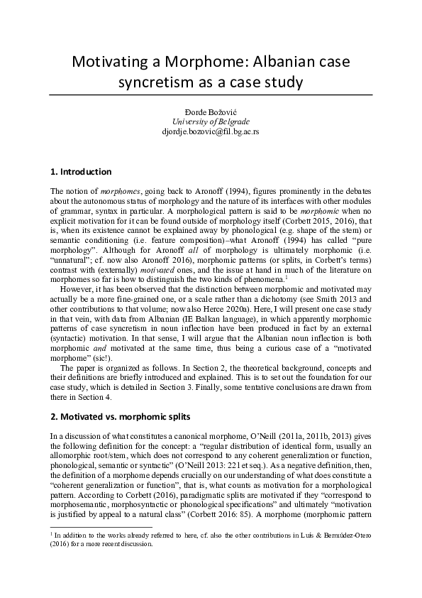 (PDF) Motivating a Morphome Albanian case syncretism as a case study