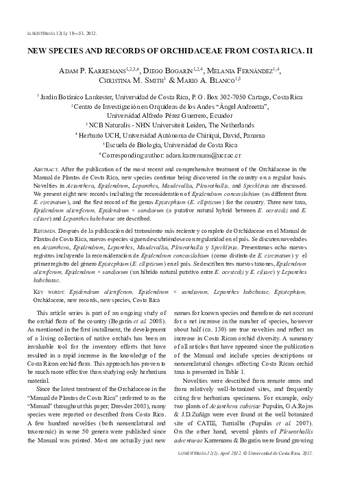 (PDF) New species and records of Orchidaceae from Costa Rica