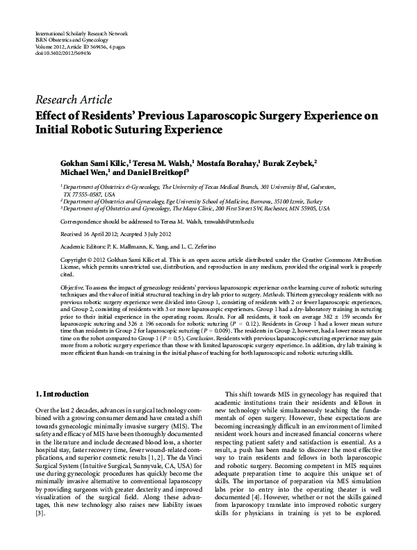 (PDF) Effect of Residents’ Previous Laparoscopic Surgery Experience on ...
