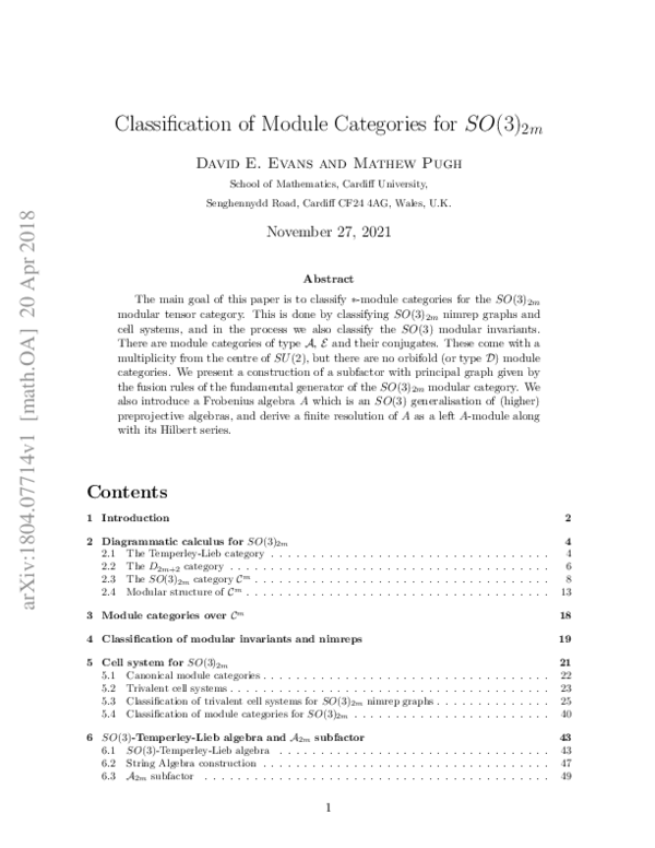 (PDF) Classification of Module Categories for $SO(3)_{2m}$. (arXiv:1804 ...