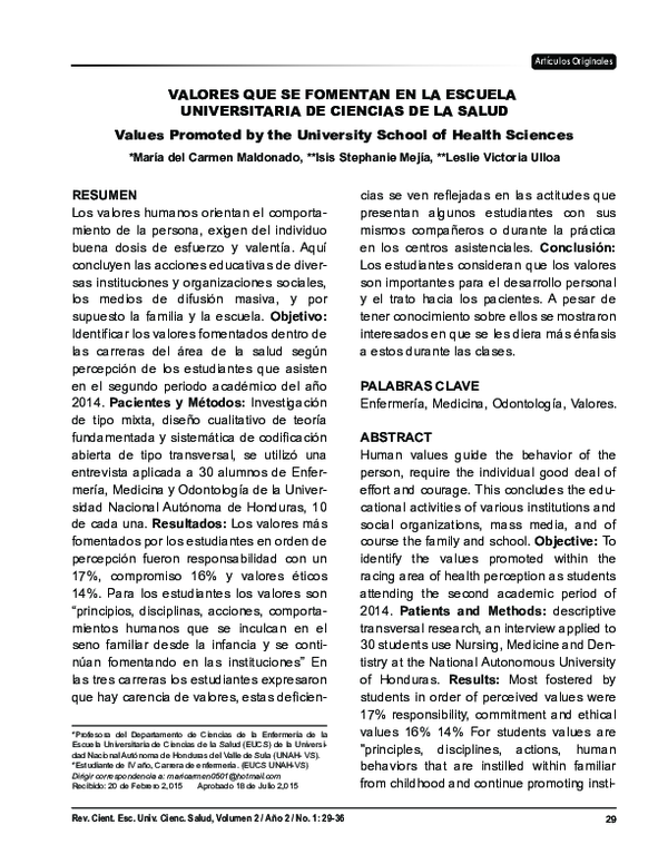(PDF) Valores Que Se Fomentan en La Escuela Universitaria De Ciencias ...