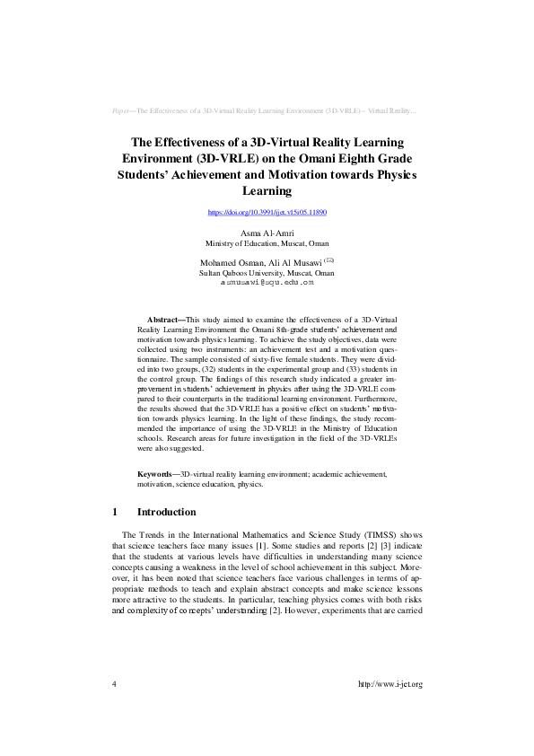 (PDF) The Effectiveness of a 3D-Virtual Reality Learning Environment ...