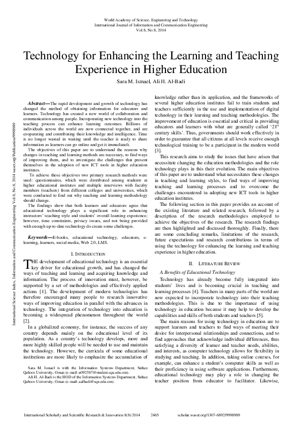 (PDF) Technology For Enhancing The Learning And Teaching Experience In ...