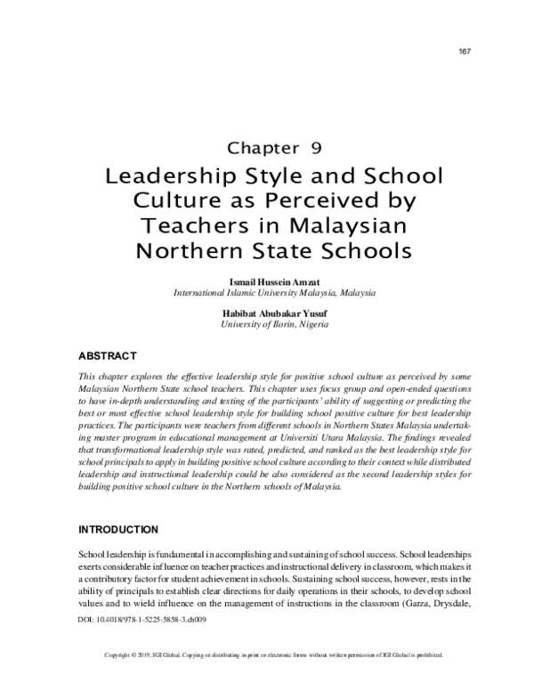 (PDF) Leadership Style and School Culture as Perceived by Teachers in ...