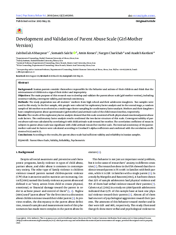 (PDF) Development and Validation of Parent Abuse Scale (Girl-Mother ...