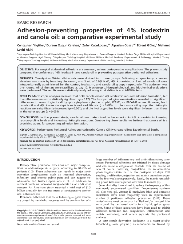 (PDF) Adhesion-preventing properties of 4% icodextrin and canola oil: a ...