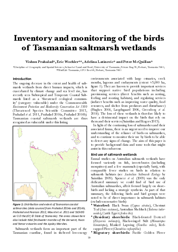 (PDF) Inventory and monitoring of the birds of Tasmanian saltmarsh wetlands