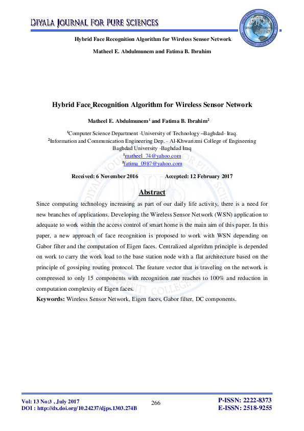 (PDF) Hybrid Face Recognition Algorithm for Wireless Sensor Network
