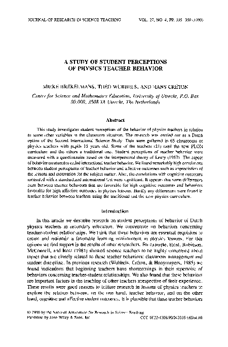 (PDF) A study of student perceptions of physics teacher behavior