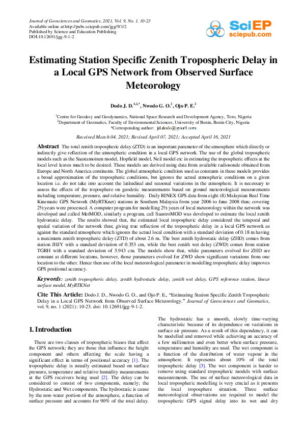 (PDF) Estimating Station Specific Zenith Tropospheric Delay in a Local ...