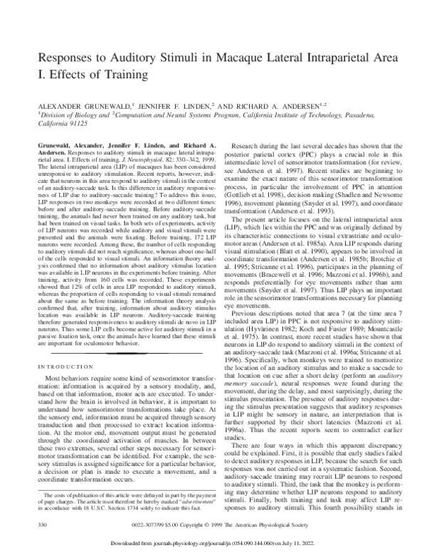 (PDF) Responses to Auditory Stimuli in Macaque Lateral Intraparietal ...