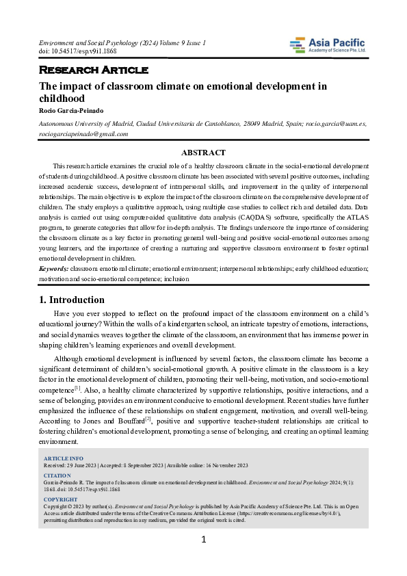 (PDF) The impact of classroom climate on emotional development in childhood