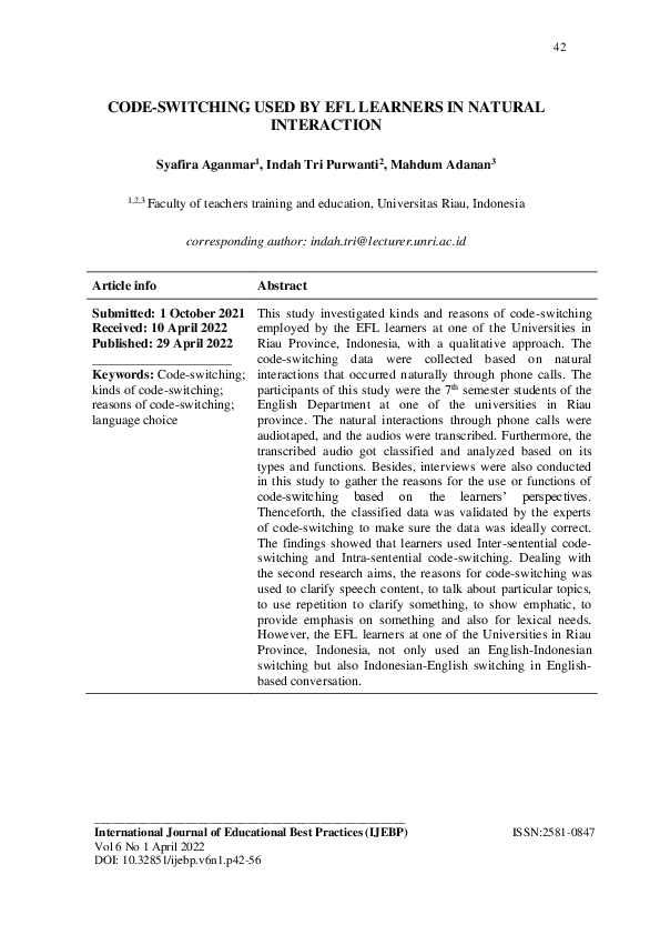 (PDF) Code-Switching Used by Efl Learners in Natural Interaction