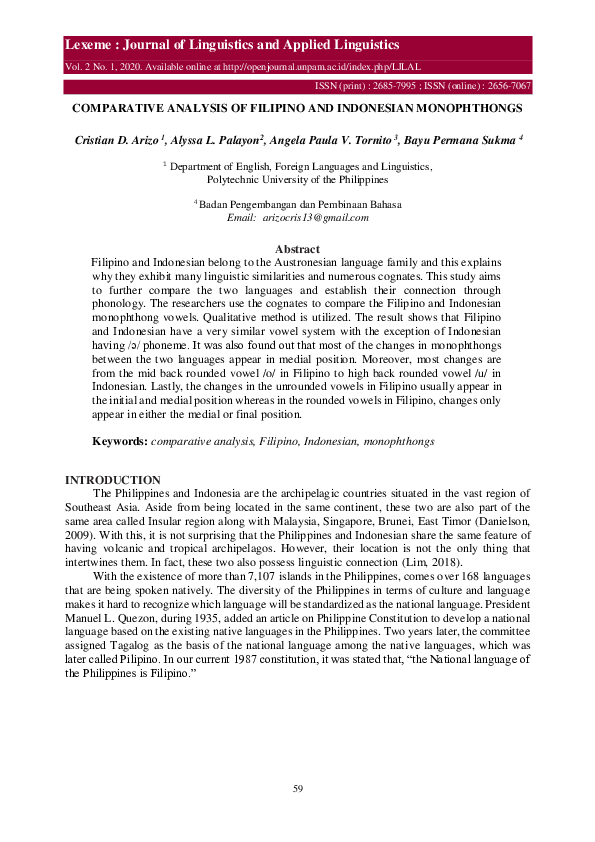 (PDF) Comparative Analysis of Filipino and Indonesian Monophthongs