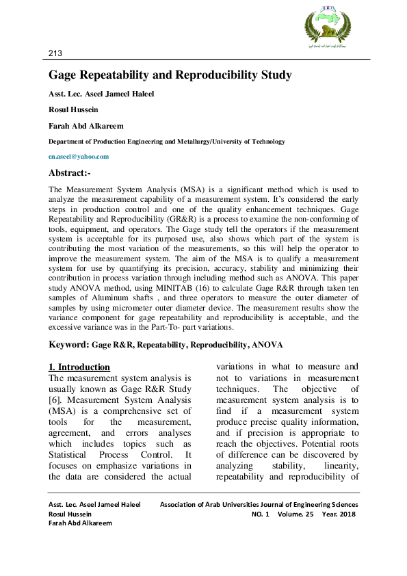 (PDF) Gage Repeatability and Reproducibility Study