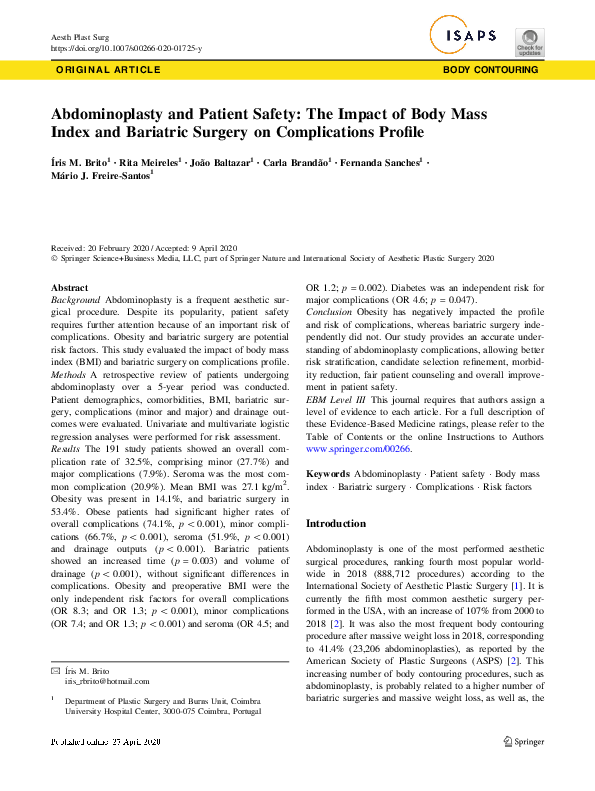 (PDF) Abdominoplasty and Patient Safety: The Impact of Body Mass Index ...