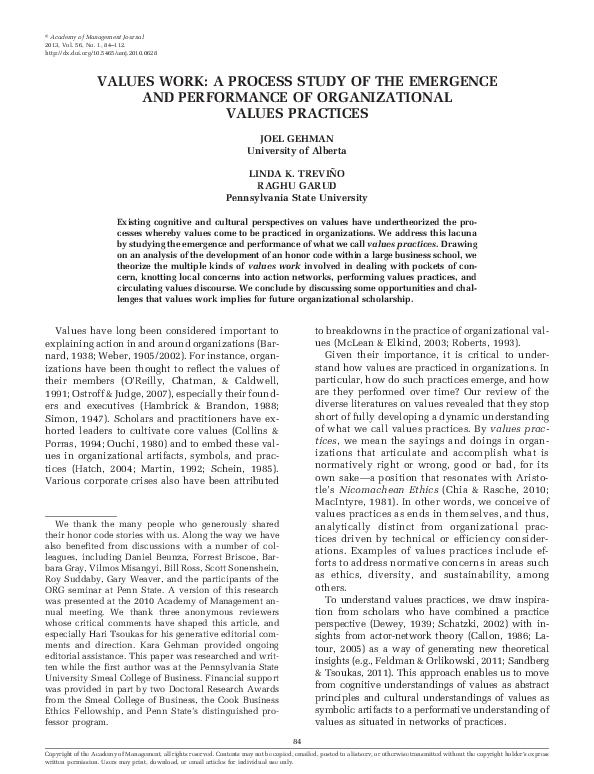 (PDF) Values Work: A Process Study of the Emergence and Performance of ...